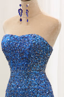 Load image into Gallery viewer, Sparkly Blue Sequined Mermaid Strapless Long Formal Dress