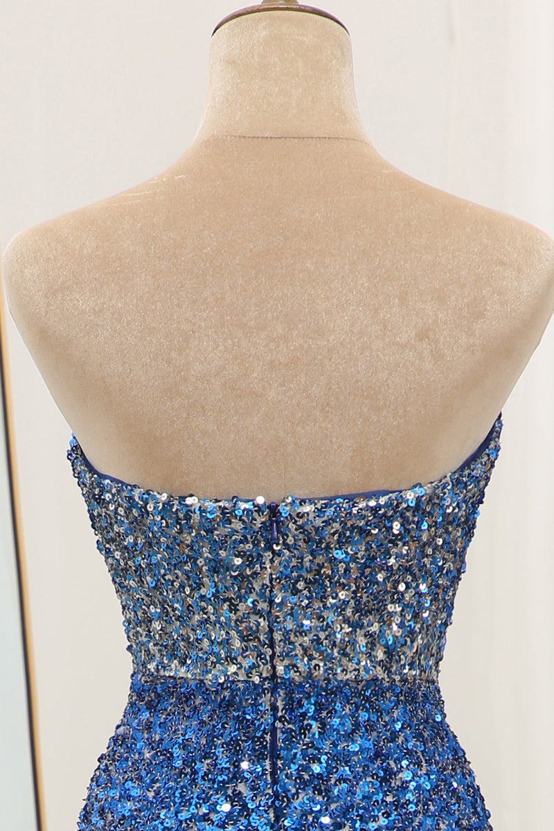 Load image into Gallery viewer, Sparkly Blue Sequined Mermaid Strapless Long Formal Dress