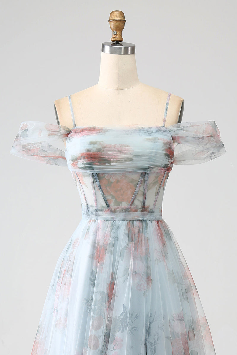 Load image into Gallery viewer, A-Line Blue Printed Cold Shoulder Long Corset Formal Dress with Slit