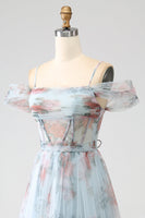 Load image into Gallery viewer, A-Line Blue Printed Cold Shoulder Long Corset Formal Dress with Slit