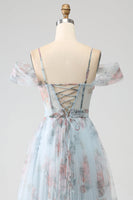 Load image into Gallery viewer, A-Line Blue Printed Cold Shoulder Long Corset Formal Dress with Slit