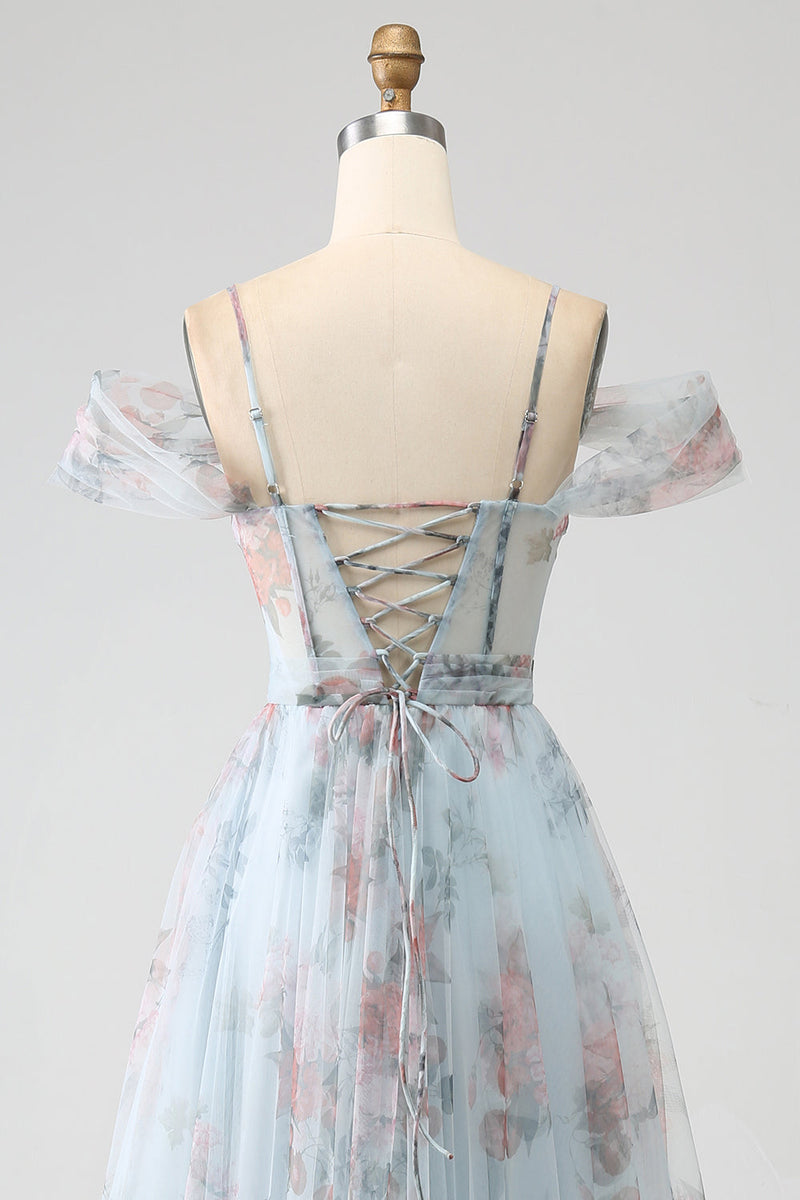 Load image into Gallery viewer, A-Line Blue Printed Cold Shoulder Long Corset Formal Dress with Slit