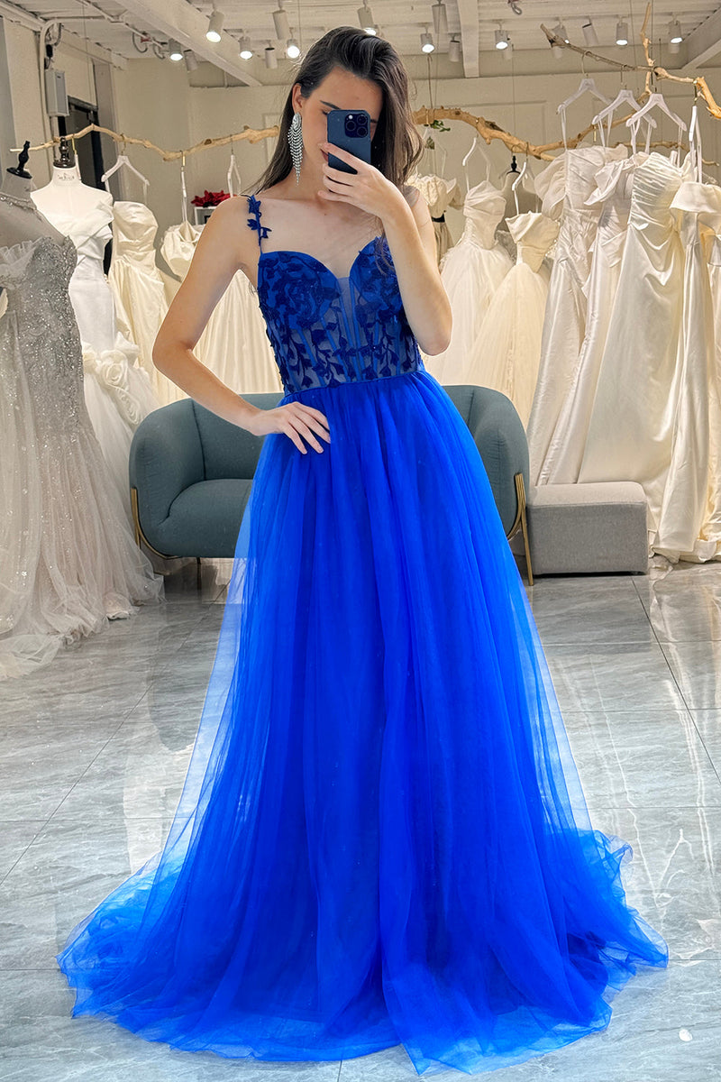 Load image into Gallery viewer, Royal Blue A Line Long Corset Formal Dress With Appliques