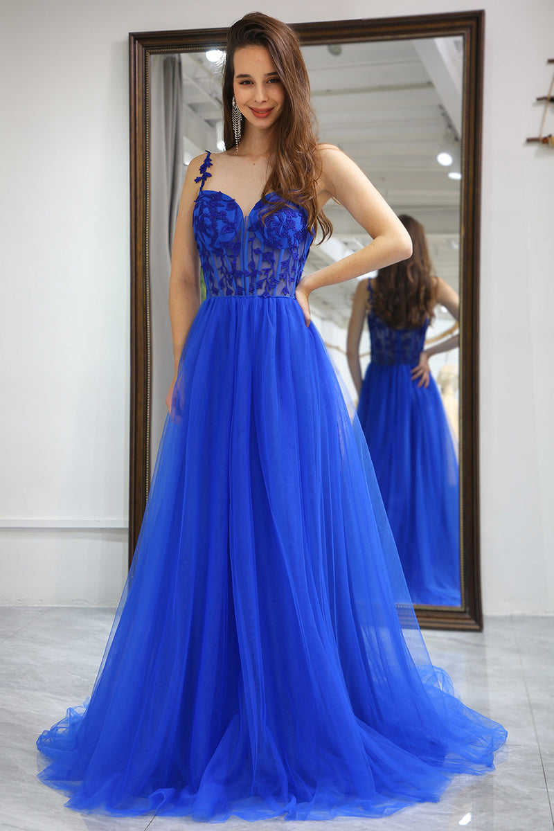 Queendancer Women Royal Blue Long Formal Dress A Line Appliques Evening
