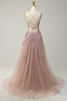 Load image into Gallery viewer, Spaghetti Straps Grey Blue Lace-Up Back Long Formal Dress with Appliques