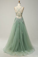 Load image into Gallery viewer, Spaghetti Straps Grey Blue Lace-Up Back Long Formal Dress with Appliques