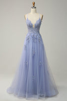 Load image into Gallery viewer, Spaghetti Straps Grey Blue Lace-Up Back Long Formal Dress with Appliques