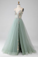 Load image into Gallery viewer, A-Line Beaded Light Green Long Formal Dress with Slit