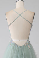 Load image into Gallery viewer, A-Line Beaded Light Green Long Formal Dress with Slit