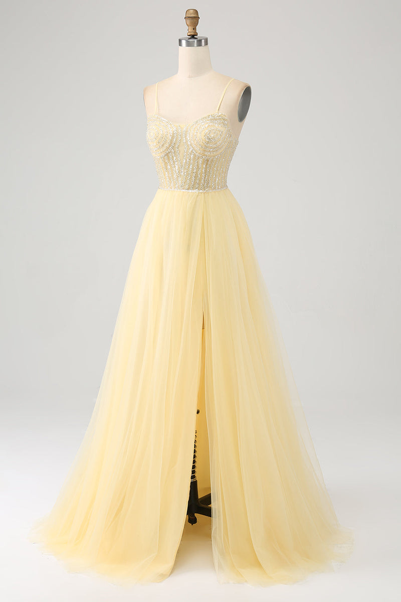 Queendancer Women Beaded Light Yellow Formal Dress with Slit Tulle A