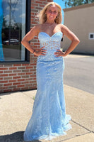 Load image into Gallery viewer, Light Blue Sweetheart Lace-Up Long Mermaid Formal Dress with Appliques