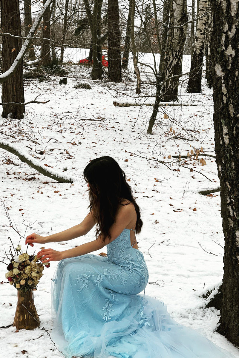 Load image into Gallery viewer, Blue Mermaid Tulle Backless Long Formal Dress with Lace
