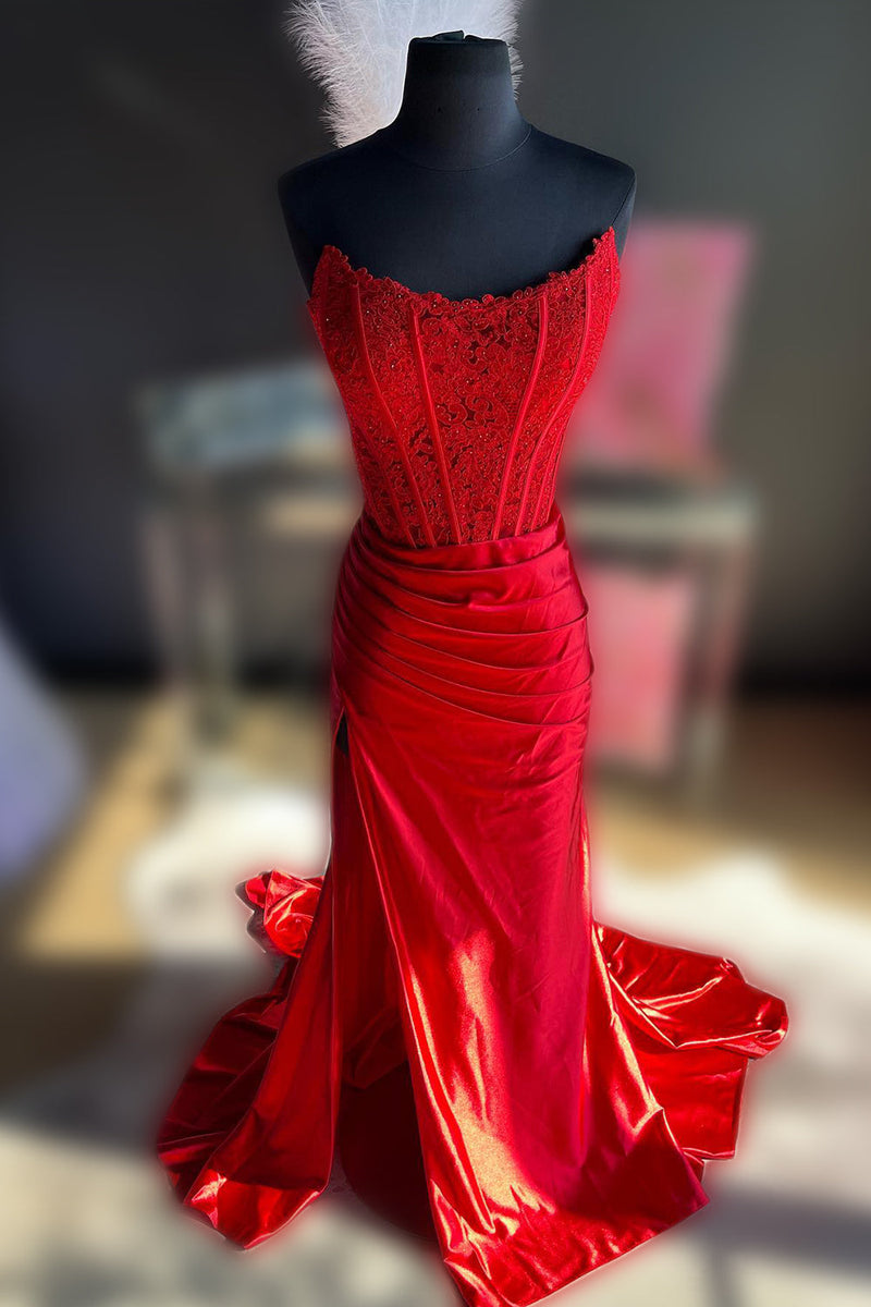 Queendancer Women Sparkly Red Satin Long Corset Formal Dress with Slit