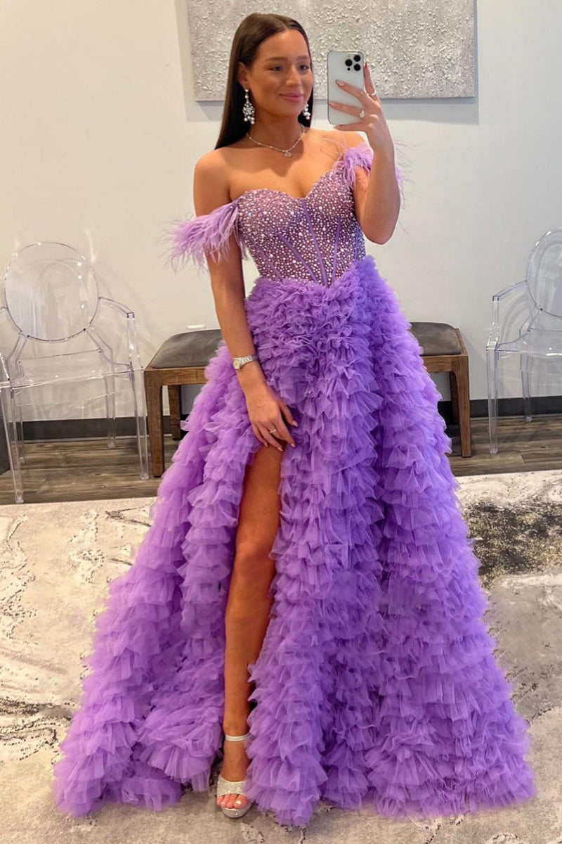 Queendancer Women Sparkly Purple Beaded Long Formal Dress with Feathers