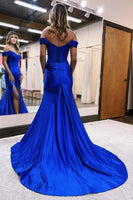 Load image into Gallery viewer, Sparkly Royal Blue Corset Detachable Neck Mermaid Long Formal Dress with Slit