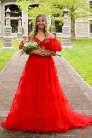 Load image into Gallery viewer, A Line Off the Shoulder Red Tulle Corset Formal Dress with Bowknot