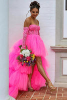Load image into Gallery viewer, Purple High Low Detachable Sleeves Corset Formal Dress with Lace