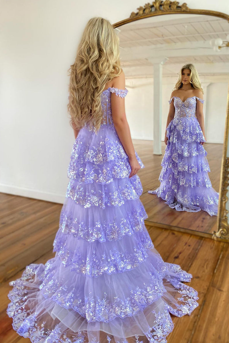 Load image into Gallery viewer, Blue Corset Tiered Lace Formal Dress with Slit