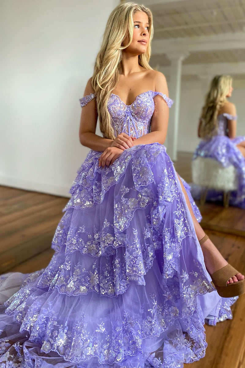 Load image into Gallery viewer, Blue Corset Tiered Lace Formal Dress with Slit