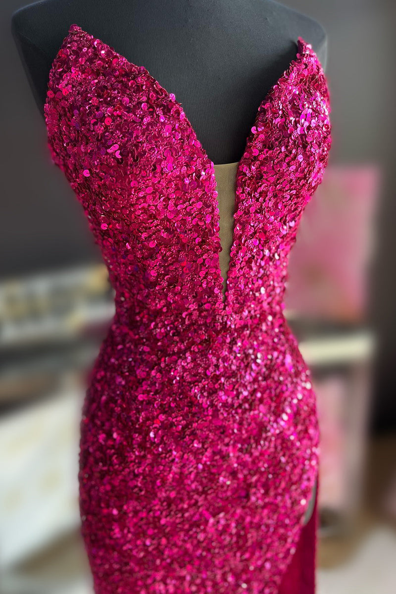 Load image into Gallery viewer, Blue Strapless Sequin Formal Dress with Slit