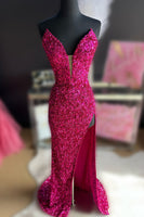 Load image into Gallery viewer, Blue Strapless Sequin Formal Dress with Slit