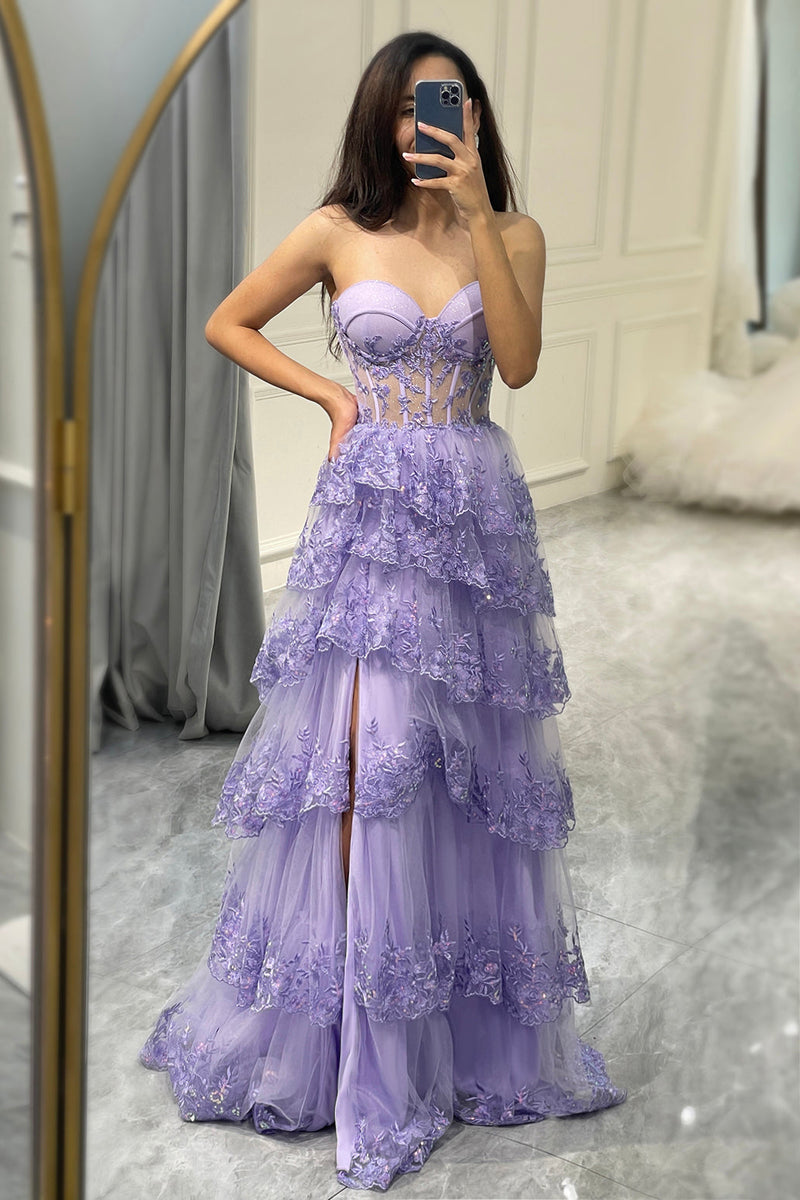Sparkly Rhinestone Trim Corset Halter Split Evening Maxi Dress - Purple main image 0