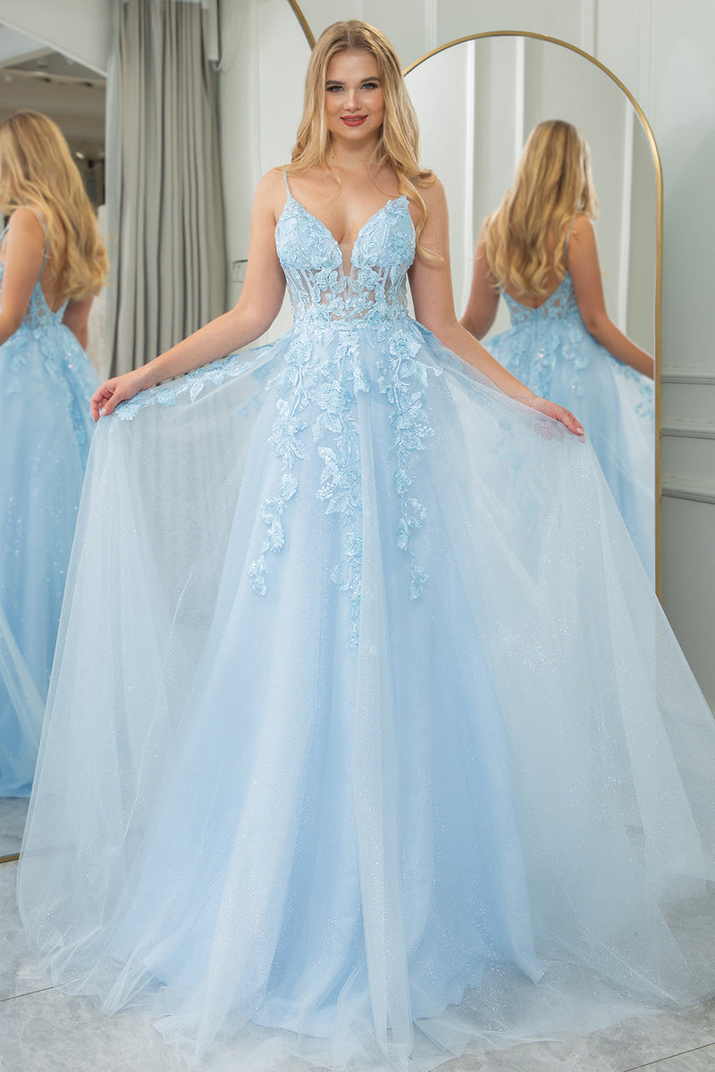 Queendancer Women Light Blue Long Corset Formal Dress A Line Tulle