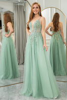 Load image into Gallery viewer, Green A Line Tulle Backless Long Formal Dress With Appliques