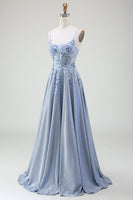 Load image into Gallery viewer, Glitter A-Line Spaghetti Straps Grey Blue Formal Dress