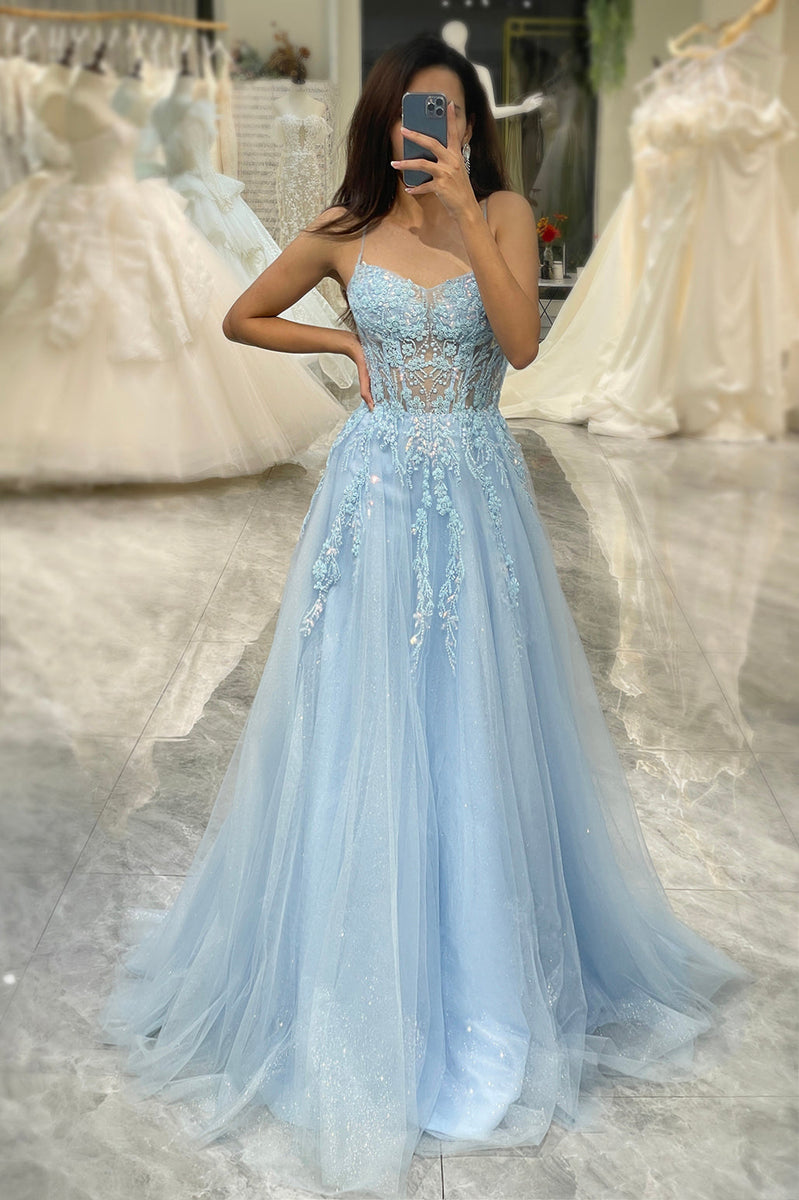 Queendancer Women Light Blue Long Formal Dress A Line Corset Appliqued