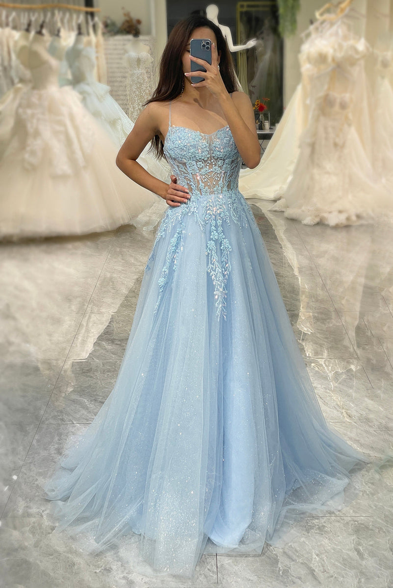 Load image into Gallery viewer, Light Blue A Line Tulle Long Corset Appliqued Formal Dress