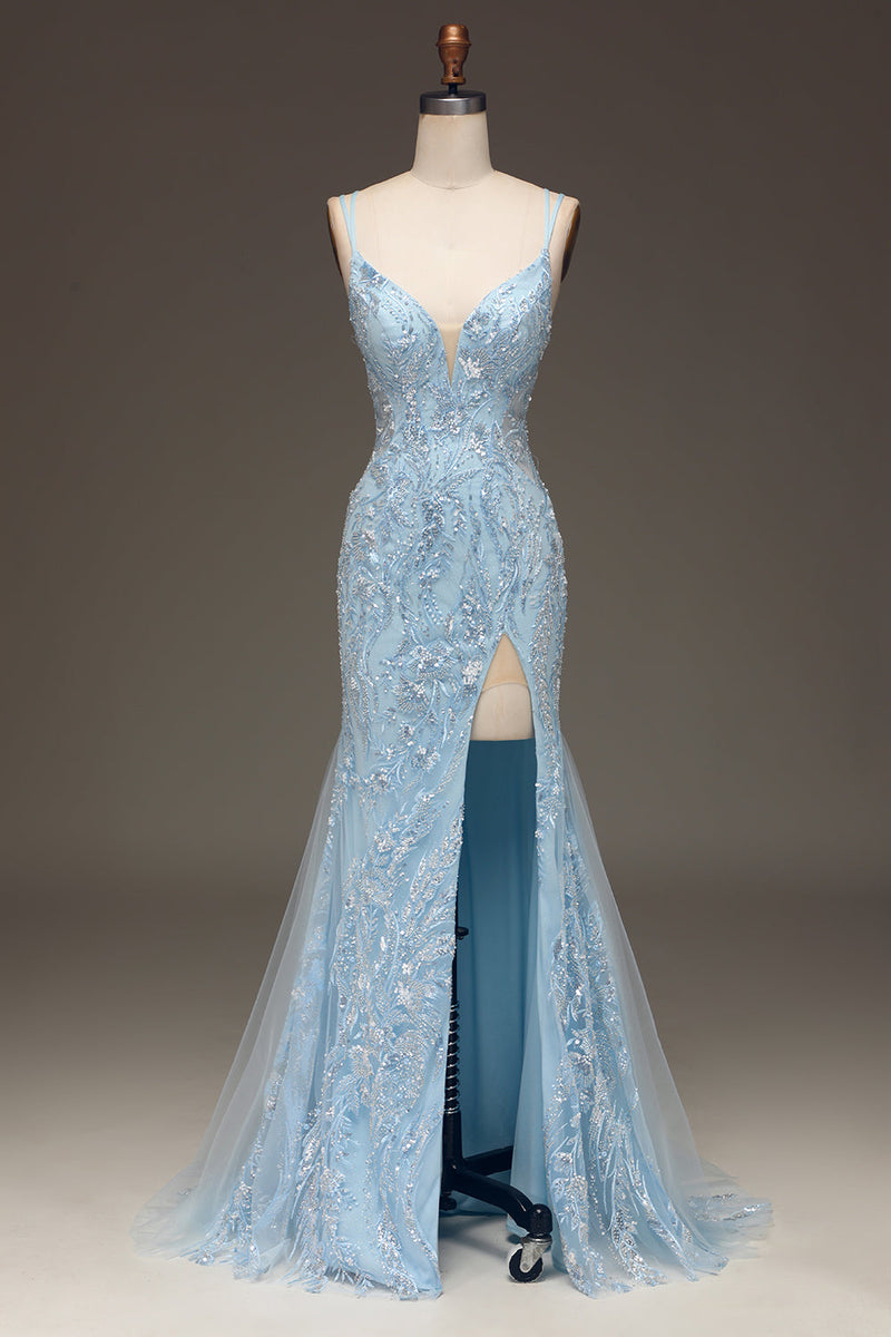 Load image into Gallery viewer, Blue Tulle Mermaid Formal Dress with Beaded