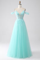 Load image into Gallery viewer, Light Green Cold Shoulder Sequins Formal Dress