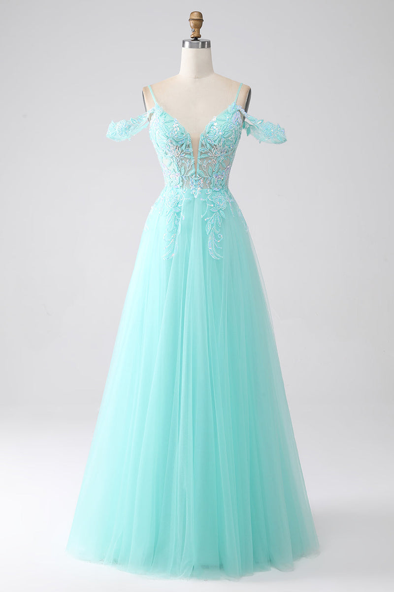 Load image into Gallery viewer, Light Green Cold Shoulder Sequins Formal Dress