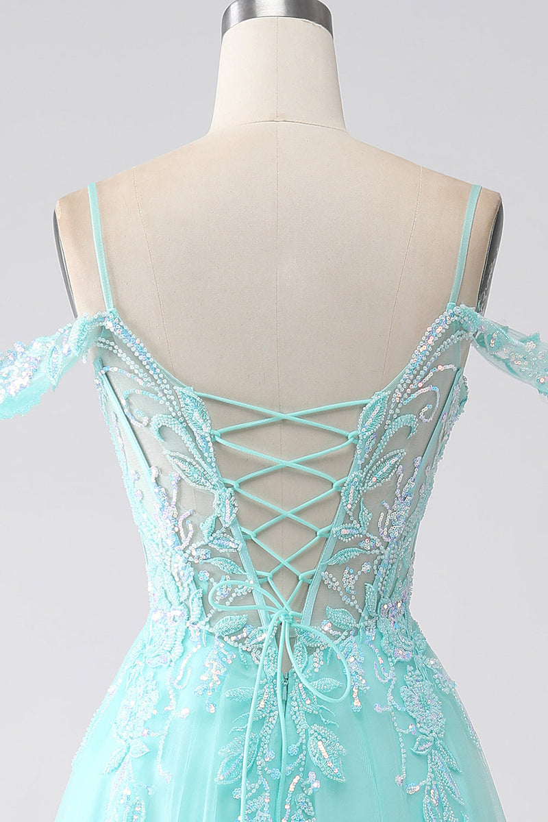 Load image into Gallery viewer, Light Green Cold Shoulder Sequins Formal Dress