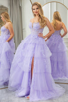 Load image into Gallery viewer, Lilac A Line Appliqued Tiered Long Corset Formal Dress With Slit