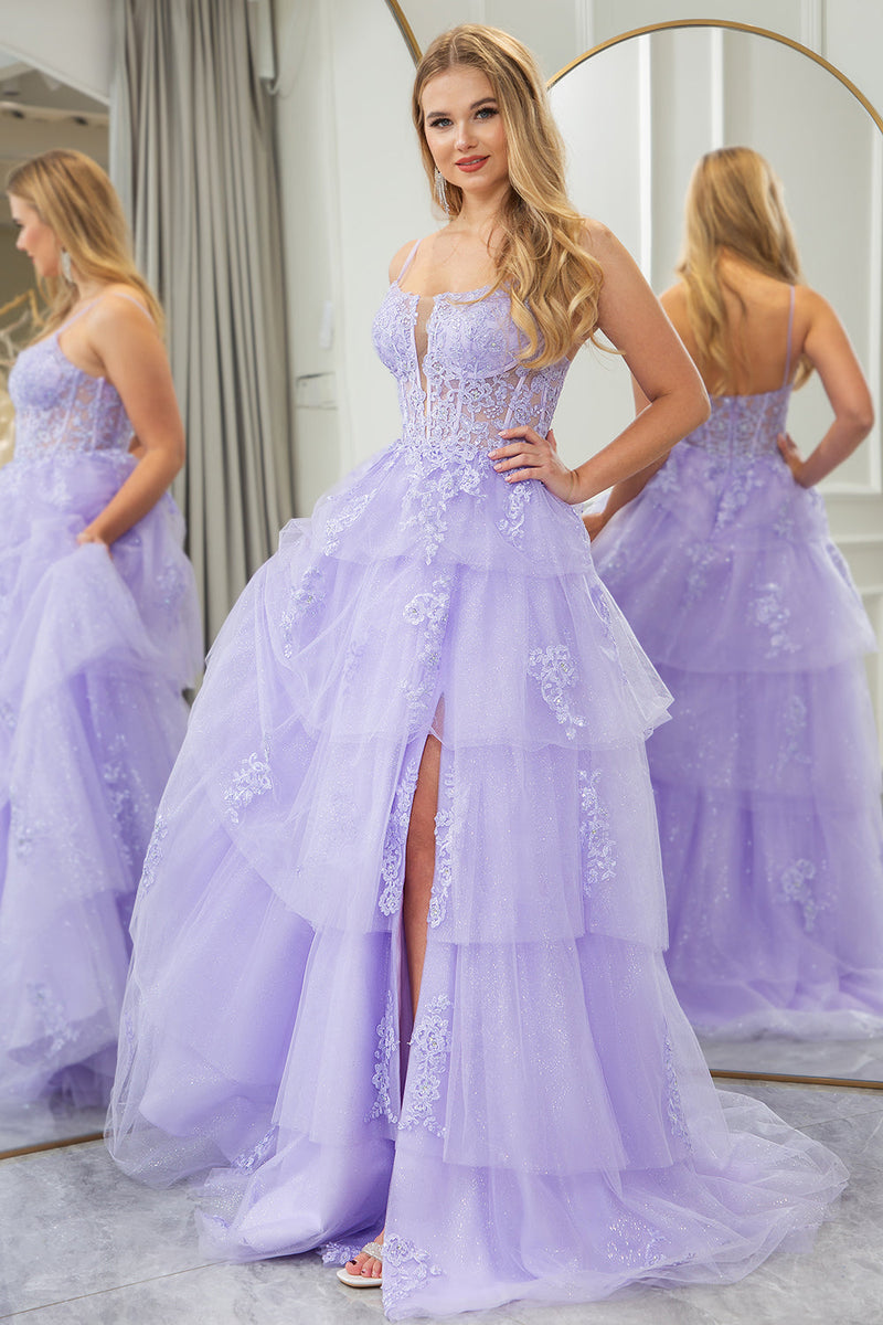 Lilac Sheath Strapless Corset Ball Dresses With Lace Appliques