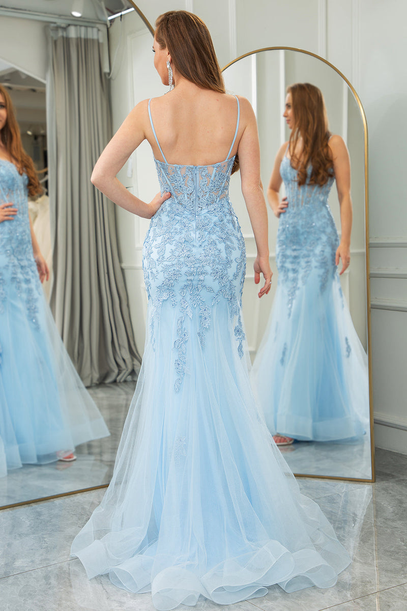 Blue Mermaid Appliqued Corset Prom Dress With Slit