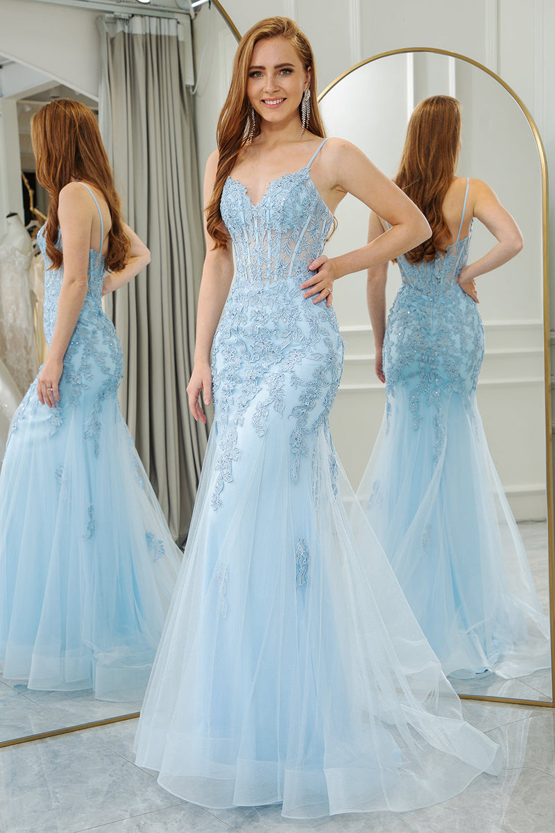 Queendancer Women Light Blue Long Corset Formal Dress With Slit Mermaid