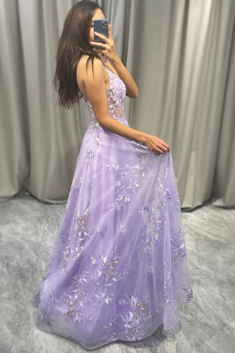 Load image into Gallery viewer, Elegant Purple A Line Tulle Long Formal Dress With Appliques