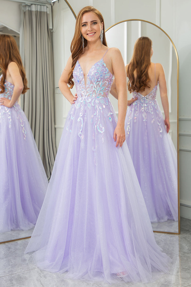 Queendancer Women Lilac Long Formal Dress With Sequined Appliques A