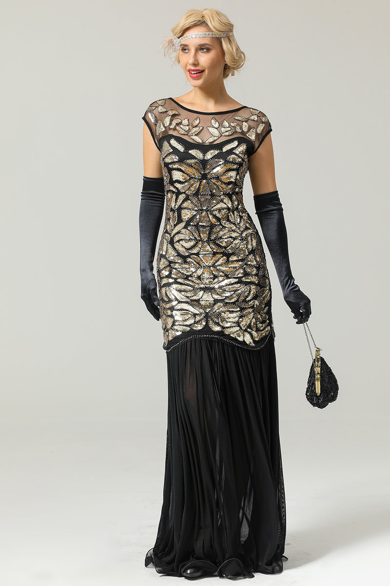 Load image into Gallery viewer, Black&Gold 1920s Sequined Flapper Dress