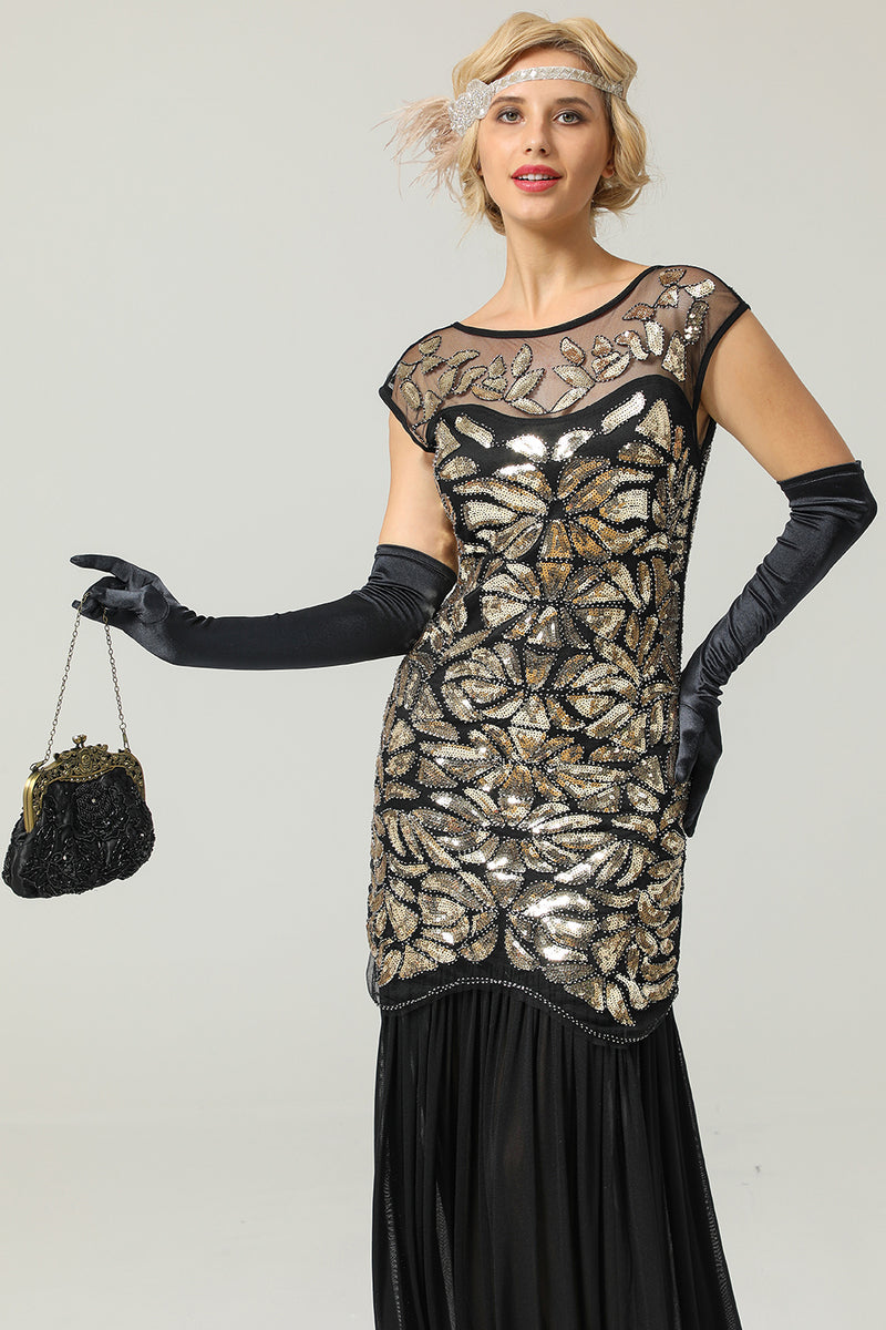 Load image into Gallery viewer, Black&Gold 1920s Sequined Flapper Dress