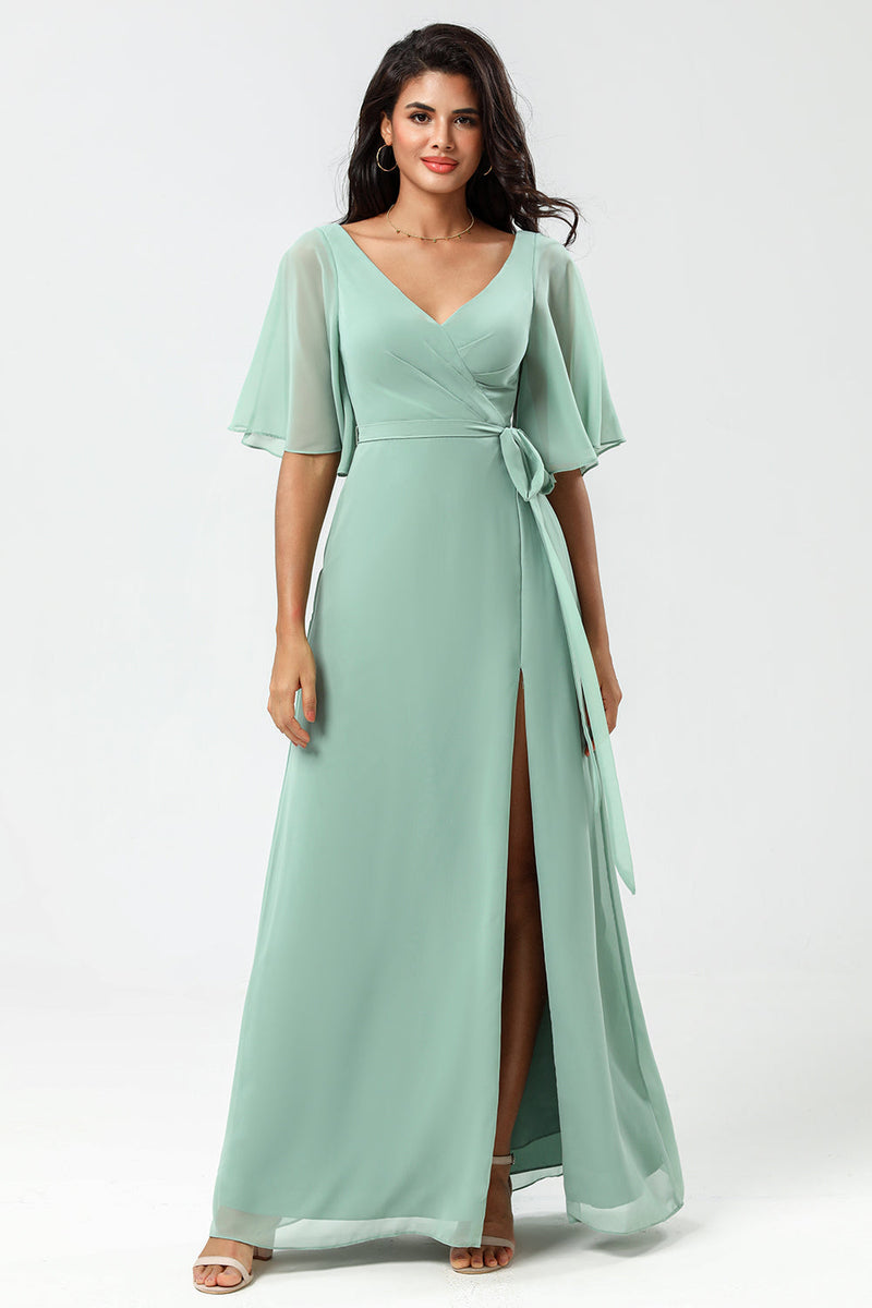 Matcha Strapless Corset A-line Satin Bridesmaid Dress with Slit
