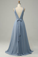 Load image into Gallery viewer, Dusty Blue Deep V Neck A Line Long Bridesmaid Dress
