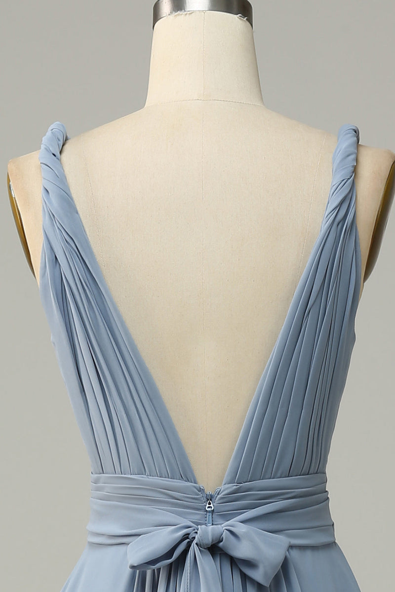 Load image into Gallery viewer, Dusty Blue Deep V Neck A Line Long Bridesmaid Dress