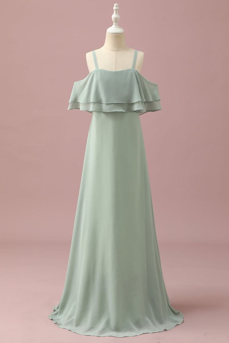 Load image into Gallery viewer, Sage Straps Cold Shoulder Chiffon Junior Bridesmaid Dress