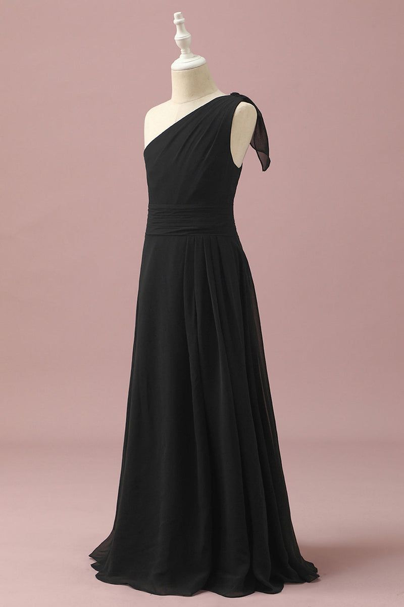 Load image into Gallery viewer, Black Chiffon One Shoulder A-Line Junior Bridesmaid Dress