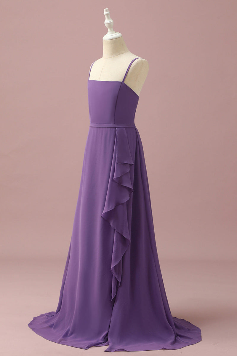 Load image into Gallery viewer, Purple Chiffon Spaghetti Straps Junior Bridesmaid Dress With Cascading Ruffles