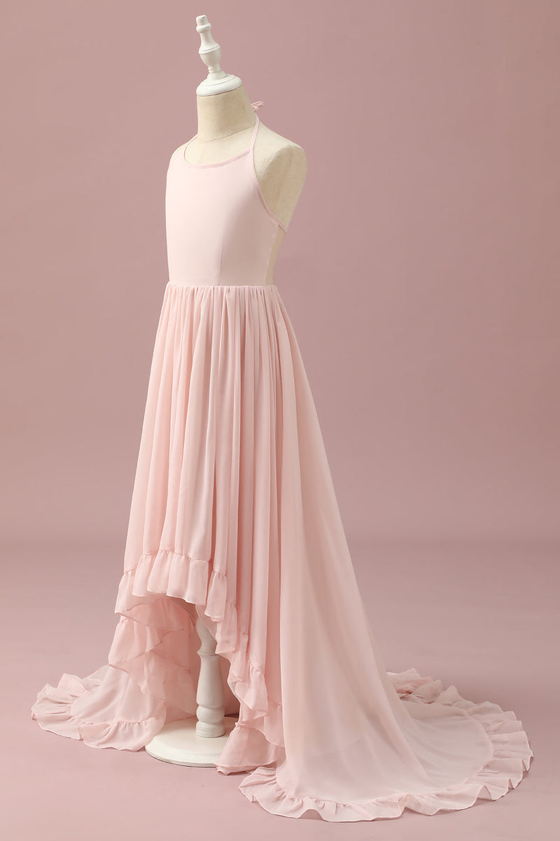 Halter Backless Long Chiffon Junior Bridesmaid Gown Candy Pink main image 0